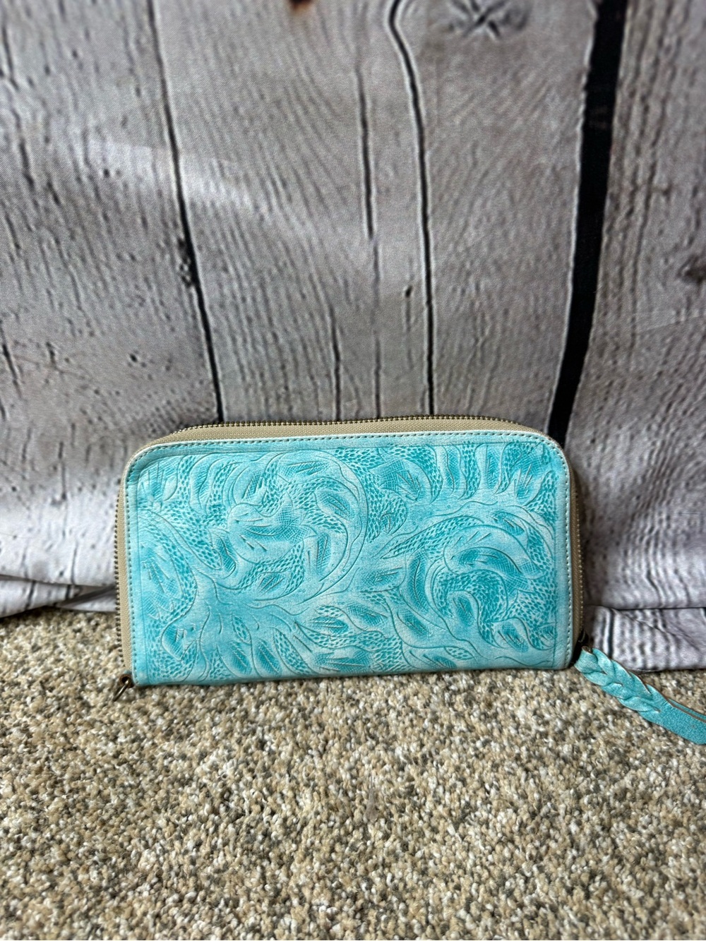 Leaders in leather Turquoise Tooled Leather Zip Wallet - Women